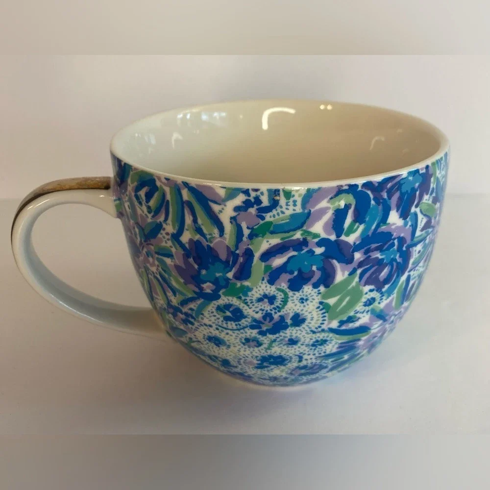 Lilly Pulitzer Coffee Cup Mug Blue Floral with Gold Handle
